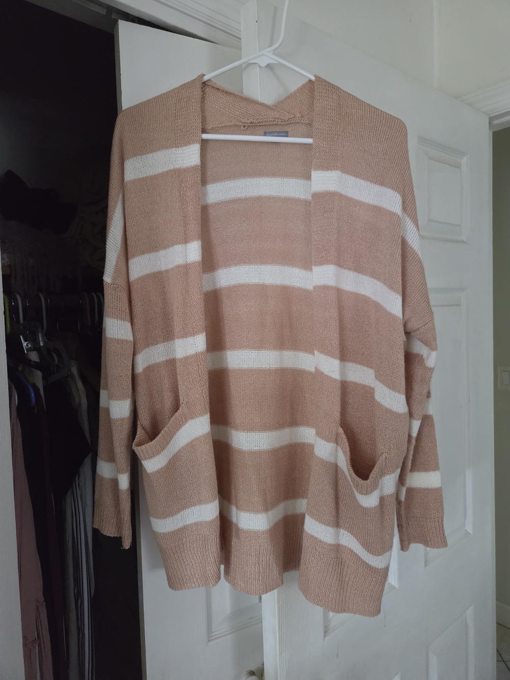 Striped Open-Front Women's Cardigan Sweater in Blush and White